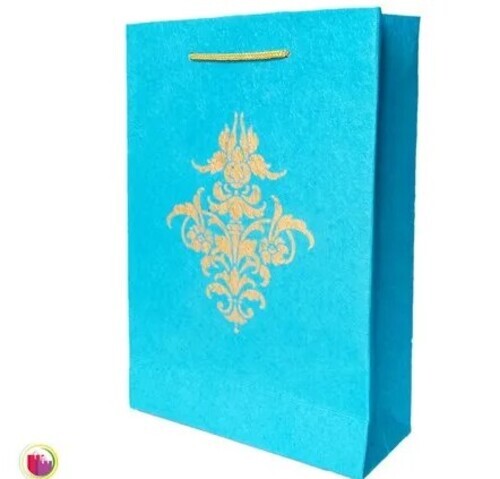Handmade Blue Paper Bag - 30 x 22 x 8 cm, 2 kg Capacity, GSM 250, Printed Design | Ideal for Weddings, Anniversaries, and Birthdays
