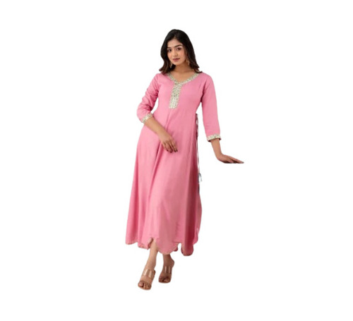 Ladies Anarkali Kurti - Full Stitched Cotton, XS-XXL, Pink | Embroidered Lace Work, Quick Dry, Skin Friendly, Trendy 3-4th Sleeve Party Wear