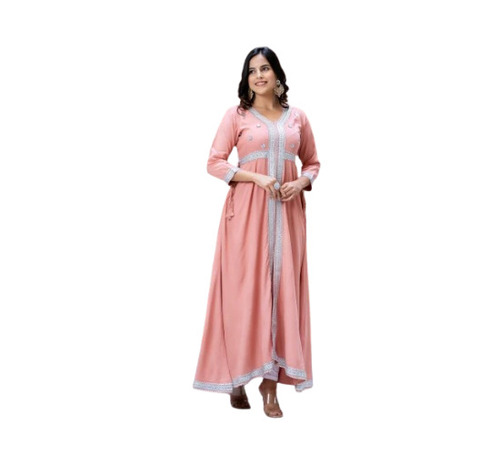 Ladies Designer Anarkali Kurti - Floor Length, Peach Color, Lace Work, V Neck, Regular Fit | Fully Stitched, Party Wear, 3-4th Sleeve, Quick Dry, Skin Friendly