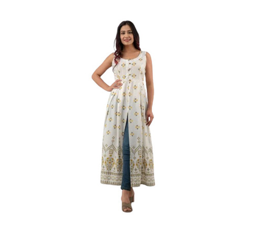 Ladies Designer Calf Long Cotton Kurti - Boat Neck, Regular Fit | Casual Party Wear, Front Slit Design, Sleeveless, Quick Dry, Machine Washable