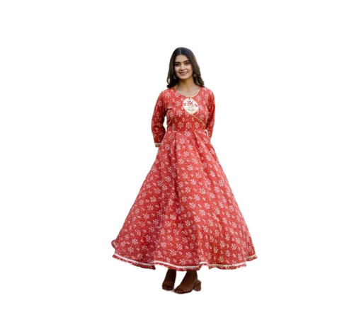 Ladies Anarkali Kurti - Cotton, XS to XXL Sizes | Embroidered, Trendy 3/4th Sleeve, Quick Dry Party Wear in Pink, Red, Yellow