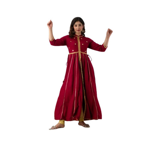 Ladies Rayon Front Slit Kurti - Regular Fit, Round Neck, Hand Embroidery | Quick Dry, Skin Friendly, Washable, Trendy Style, 3-4th Sleeve, Available In Red And Maroon