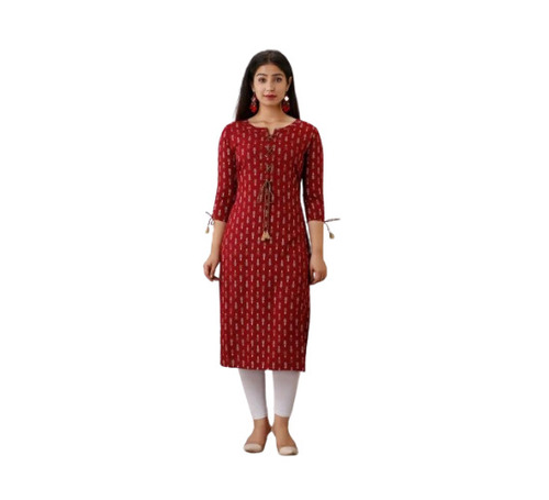 Ladies Rayon Straight Kurti - Regular Fit, 3-4th Sleeve, Summer Trendy Style | Red Color, Quick Dry, Skin Friendly, Washable