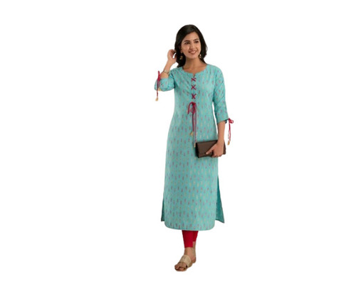 Ladies Straight Kurti - Rayon, Calf Length, Aqua Blue | Quick Dry, Skin Friendly, Machine Washable, Casual and Formal Wear