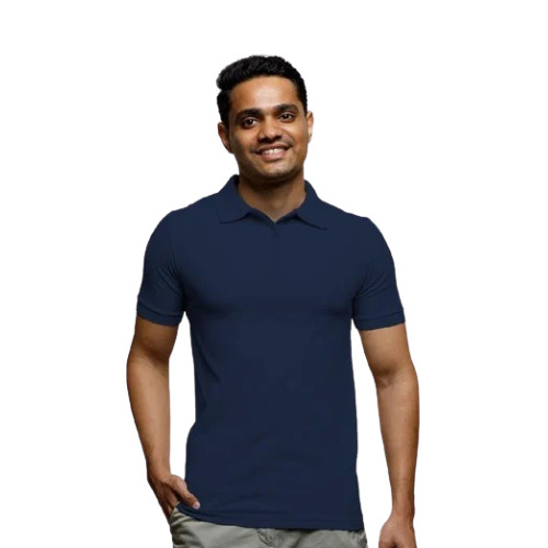 Navy Blue Mens Polo T Shirt - Cotton Fabric, Regular Fit, Half Sleeves, Machine Washable, Plain Design