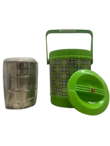 Tiffin Box - Insulated Stainless Steel, Printed Green, 3 Compartment Design | Durable Fine Finish, Round Shape with Plastic Handle