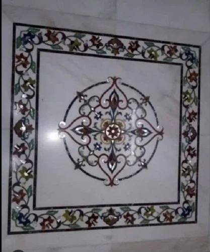 Marble Flooring - Polished Indian Marble  Round Design , White & Blue Inlay Medallion, Anti-slip & Waterproof Features