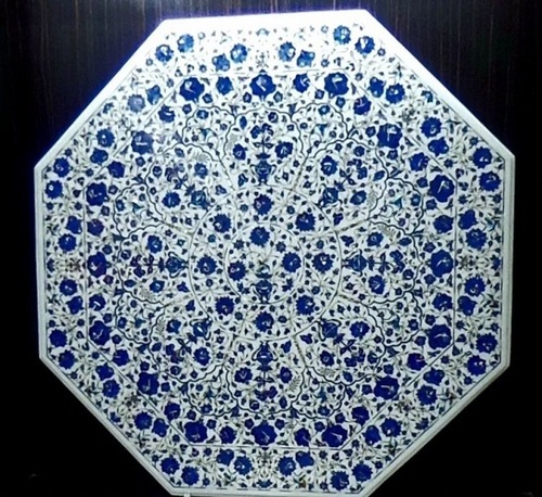 Octagonal White Marble Inlay Table Top - Marble, Customized Size, Multiple Colors, Indian Style, Beautifully Craved Design, Ideal For Dining & Coffee Use
