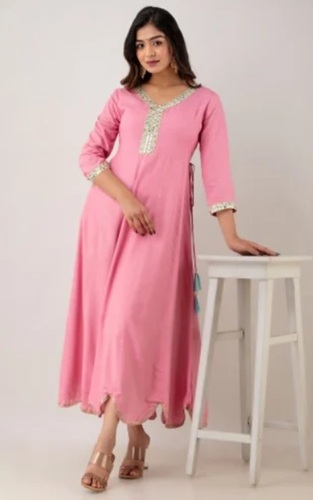 Ladies Anarkali Kurti - Full Stitched Floor Length, V Neck Lace Work | 3-4th Sleeves, Embroidered Design, Customized Size