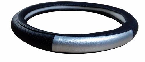 Round Car Steering Cover - Rexine Material, Customized Size, Black & Silver Color, Fine Finished, Four Wheeler Usage - Ideal for Enhanced Vehicle Control
