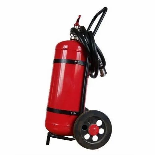 Trolly Type Fire Extinguisher - Mild Steel, Red Color | A B C Dry Powder & Water CO2 Type, 1 Year Warranty, Durable with 25-30 Seconds Discharge Time