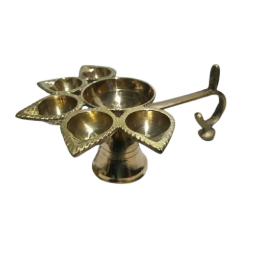 Brass Panch Aarti Diya - 8.0X10.0X22.0 cm | 99% Purity, Durable Yellowish Gold Finish, Five Wicks for Pooja and Rituals