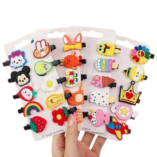 Cartoon Hair Clip - Plastic, Pack Size: 10 Pcs | Multicolor, Fancy Print, Stylish Accessory for Women and Girls, Perfect for Parties and Weddings