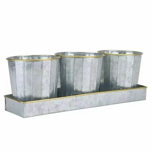 Metal Flower Pot With Tray - Metal, 12" Round, Grey | Durable, Very Good Shape, Fine Finished, Antique Effect, Customized Sizes