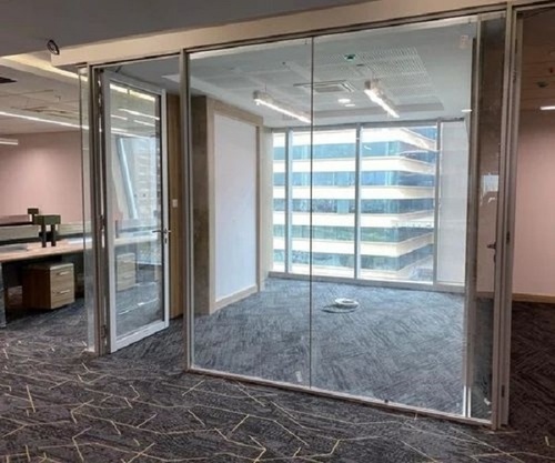 Aluminium Fixed Partition - 10 Feet High Silver Frame , 12mm Toughened Glass with Insulated, Flat Transparent Design