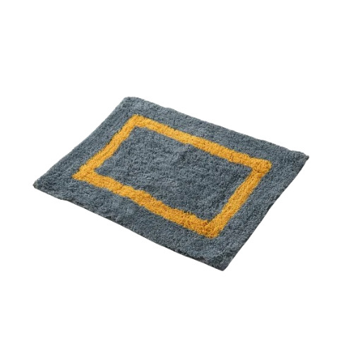 Anti Skid Cotton Bath Floor Mat - 20 Mm Thick Water Resistant Grey & Yellow Modern Square Design | Slip Resistant Quick Drying Machine Washable