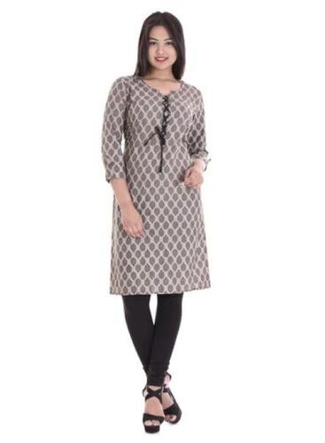 Cotton Printed Long Kurta - Grey, 3-4th Sleeve, Custom Sizes | Elegant Design, Soft Breathable Fabric, Lightweight, Trendy Look, Anti-UV, Quick Dry, Easy to Wash