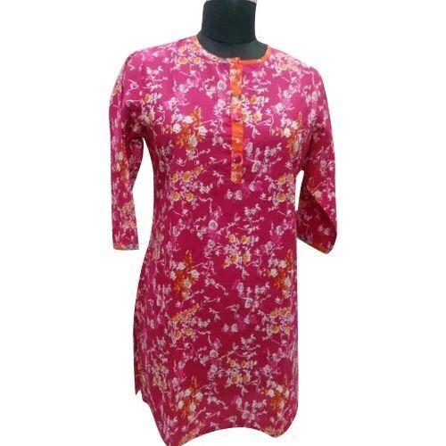 Cotton Printed Short Kurti - Breathable Soft Fabric, Elegant Orange Design | Anti UV, Quick Dry, Lightweight, 3-4th Sleeve, Durable, Stylish Patterns