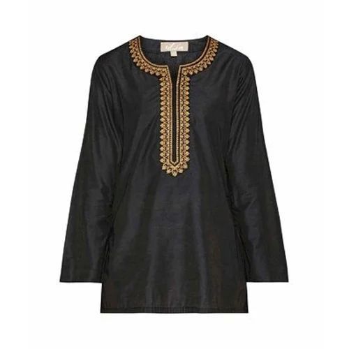 Embroidered Ladies Kurti - Cotton, Plus Size, Trendy Black Design | Comfortable Fit, Durable Stitching, Shiny Finish, Bold Colors, Flattering Silhouette, Quick Dry