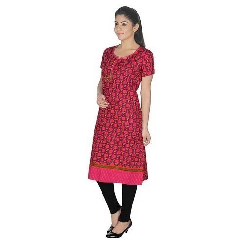 Half Sleeves Ladies Kurti - Cotton, Plus Size Available, Bold Red Color | Shiny Finish, Lightweight Feel, Flattering Silhouette, Sequin Detailing, Anti-Wrinkle, Breathable, Quick Dry