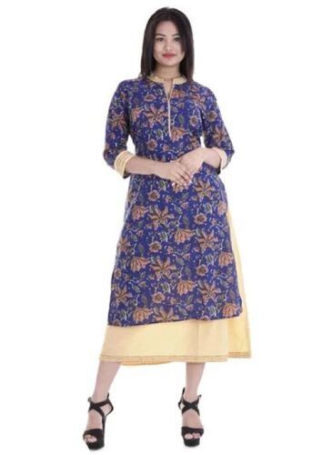 Printed Katha Work Long Kurti - Cotton Blend, Customized Sizes Including Plus Size, Blue and Cream Color | Trendy Look, Anti UV, Quick Dry, Breathable, Full-Length Coverage, 3-4th Sleeves, Intricate Patterns