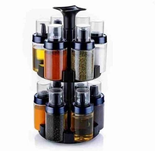 Spice Rack - Plastic, Compact Size & Stylish Black Appearance | 360-degree Rotation, Durable Transparent Jars With Airtight Lids, Space-saving Design, Easy Accessibility