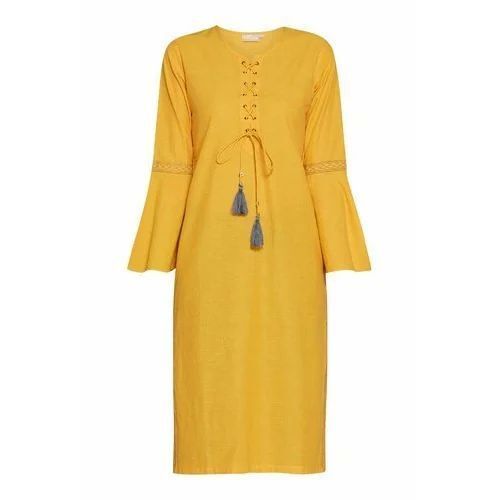 Yellow Cotton Ladies Kurti - Plus Size, Sequin Detailing, Lightweight Feel, Trendy Patterns, Shiny Finish, Bold Colors, Comfortable Fit, Durable Stitching, Quick Dry, Breathable