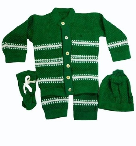 Kids Striped Acrylic Vest - For Ages 1-2 Years, Green and White | Comfortable Long Sleeve Design, Unisex Style