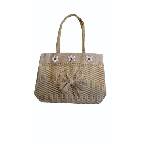 Jute Shopping Bag - 2 Kg Capacity, Brown Color | Eco-Friendly, Embroidered Pattern, Loop Handle
