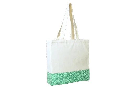 Canvas Tote Bag - Durable Cotton, 37x37x10 cm | Very Good Condition, Washable, Printed Design, Loop Handle, White & Green Color