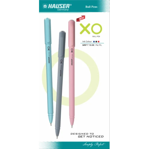 Hauser Xo Ball Pen - Plastic Material, Blue Ink, Available in Pink, Grey, and Blue | Smooth Writing Experience with Ergonomic Grip