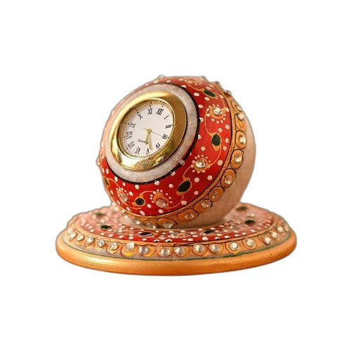 Marble Handicraft Table Clock - Handmade Round Design | Polished Red and Golden Finish for Home and Hotel Decor