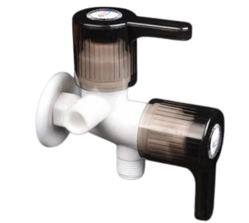 Two Way Angle Cock - PP Material, 15mm Size, Glossy Finish, White & Black Color | Durable, Fine Finished Design, Wall Mounted, Round Shape