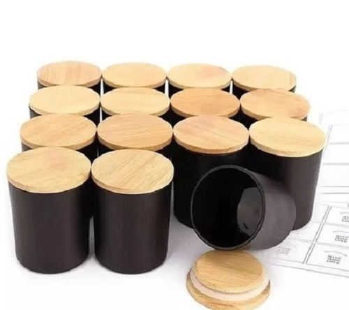 Candle Glass Jar - 210ml Black Glass with Plain Pattern | New Wooden Lid, Crack Resistant, Lightweight, Pocket-Friendly Rates