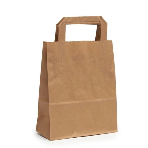 Flat Handle Paper Bag - Kraft Paper, Brown Color, 10Kg Max Load | Biodegradable, Disposable, Customizable Designs and Patterns