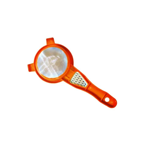 Plastic Tea Strainer with Grater - 9 Inch Glossy Finish, Round Shape, Rigid Plastic, Red Color