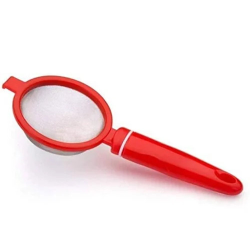 Red Plastic Tea Strainer - Rigid, 7 Inch Size, Glossy Finish, Red Color, Crack Proof, 6 cm Mesh Diameter | With Grater, Easy to Use