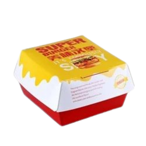 Burger Packaging Box - 300 GSM Paper, Multicolor Printed Square Design, Customizable Food Packaging Solution