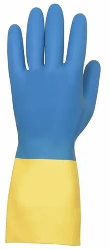 Karam Safety Gloves - Rubber Material, Medium Size, Full Fingered, Yellow and Blue Colors | Washable, Waterproof, Long Lasting, Durable