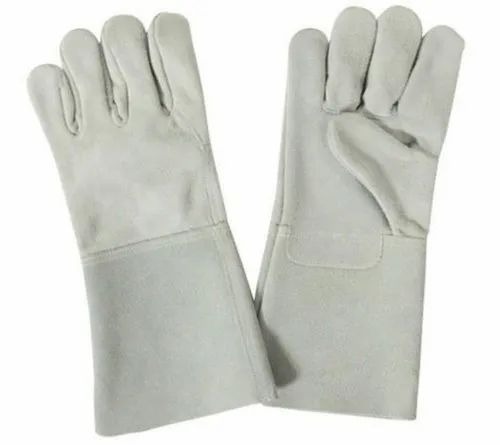 Leather Hand Gloves - New Full Finger Design, Off White Plain Leather | Standard Size, Unisex Industrial Usage
