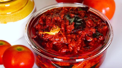 Tomato Vegetable Pickle - Spicy and Salty Flavour Made with Mustard Oil | Purely Vegetarian Tasty Delicious