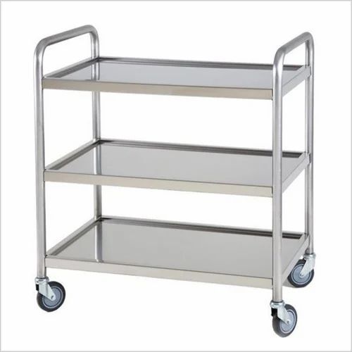 Stainless Steel Trolley - Customized Size, Silver Color, Polished Surface | Durable, Fine Finished, Plain Pattern for Industrial and Hospital Use