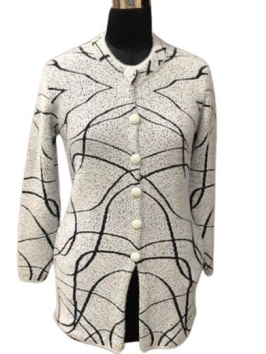 Ladies Fancy Long Cardigan - Wool, Long Sleeves, White and Black | Luxurious Fabric, Tailored Fit, Elegant Patterns, Fashion-forward Design, Textured Knit, Statement Piece, Premium Craftsmanship