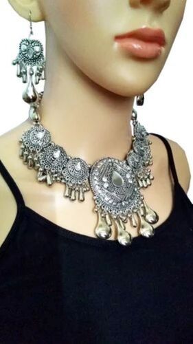 Navratri Special Oxidized Necklace Set - Handcrafted Lightweight Silver Jewelry | Ethnic Charm, Statement Necklace with Dangle Earrings, Adjustable Fit