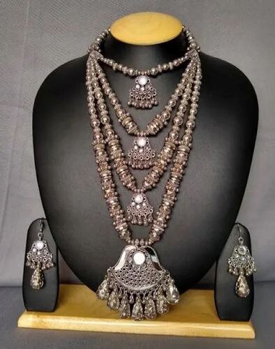 Oxidized Necklace Set - Three Bead Bunch Tribal Design, Lightweight Feel, Rustic Appeal, Skin-Friendly, Durable Metal, Adjustable Chain, Gemstone Embellished, Matching Earrings