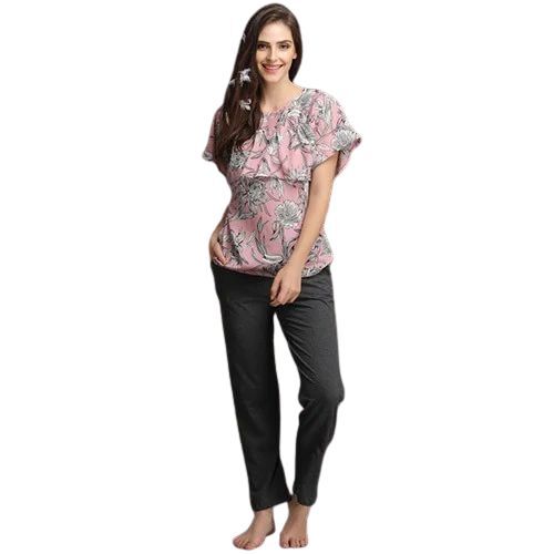 Cotton Printed Ruffled Pajama Set - Available in S, M, L, XXL | Breathable Fabric, Comfortable Fit, Elegant Ruffles, Attractive Prints, Stretchable Waistband
