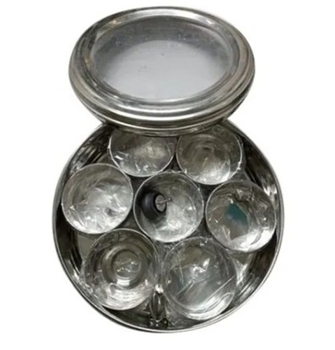 Steel Masala Box - Stainless Steel, Round Shape, Silver Color | Corrosion Resistant, Ideal for Kitchen Storage