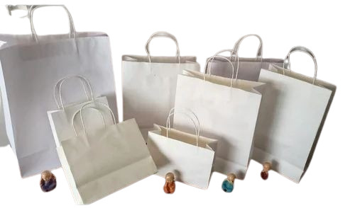 White Kraft Paper Carry Bag - Kraft Paper, Available In All Sizes, White Color, Twisted Rope Handle, 2kg Max Load | Biodegradable, Moisture Proof, Recyclable