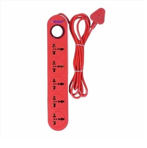 4 Socket Spike Guard - ABS Plastic, 1.8m Cord Length, Red Color | 6A Current Rating, 5 Pin Socket, Electric Fittings