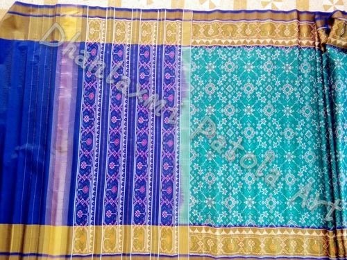 Silk Patola Saree - Handwoven Patla Design, Blue Green Color | Perfect for Weddings, Includes Blouse Piece, Dry Clean Only